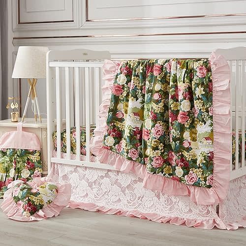 Brandream Floral Crib Bedding Sets for Girls Nursery Baby Bedding 3 Piece Garden Farmhouse Comforter, Fitted Crib Sheet, Lace Crib Skirt