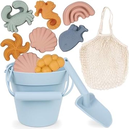 AMOR PRESENT 11PCS Silicone Beach Toy Set, Travel Friendly Beach Set Sand Bucket Molds Shovel Bag Modern Beach Toys for Toddlers Kids