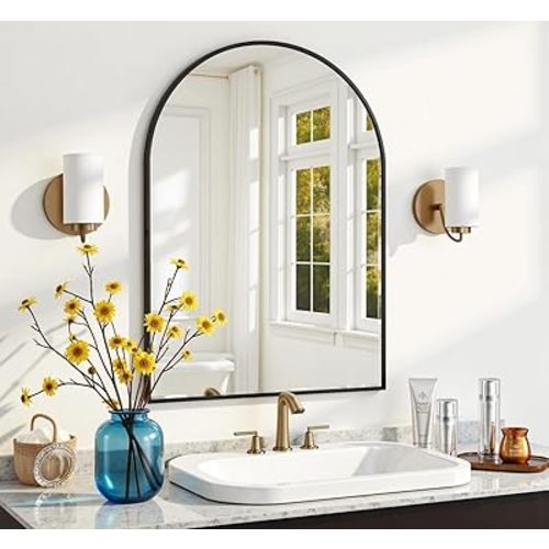 Wall Mounted Mirror, 20"x30" Arched Wall Bathroom Mirror, Black Vanity Wall Mirror with Metal Frame, Modern & Contemporary Arch Top Wall Mirror for Bedroom, Entryway, Living Room, Black