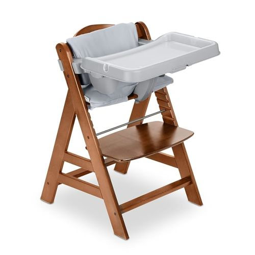 hauck AlphaPlus Grow Along Wooden High Chair Seat with Grey Removable Tray Table for Babies 6 Months and Up, Walnut Chair Grey Tray