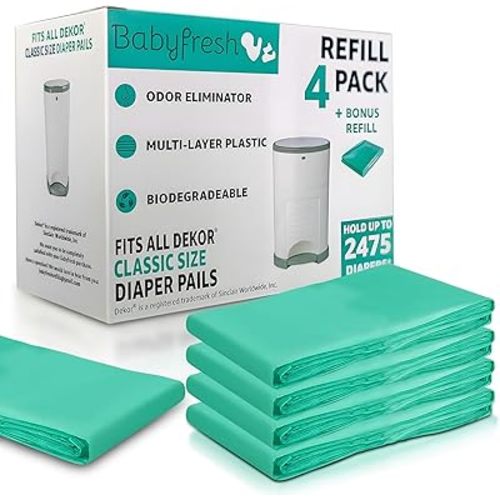 Refills Compatible with DEKOR Classic Diaper Pails 4 Pack Plus 1 More Exclusive 30% Extra Thickness Diaper Pail Refill Bags with Powerful Odor Elimination Fresh Powder Scent | Holds up to 2475 Diapers