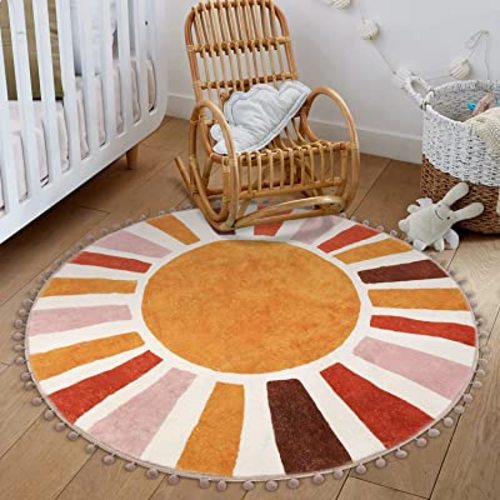 LIVEBOX Boho Nursery Rug Round 4ft Sun Rainbow Rug for Girls Bedroom, Colorful Soft Circular Rug for Kids Room, Non-Slip Circle Cute Washable Rug for Living Room, Retro Rugs for Classroom Play Room