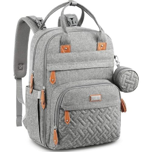 BabbleRoo Waterproof Diaper Bag Backpack - Baby Essentials Travel Tote - Multi function with Changing Pad, Stroller Straps & Pacifier Case - Unisex, Light Gray