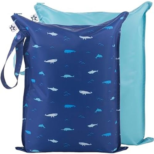 Tiny Twinkle Mess-proof Waterproof Wet Dry Bag | 2 Pack Reusable for Swimsuits, Gym & Baby Clothes | Leakproof Wet Clothes Bag, Beach Travel Essentials (Ocean)