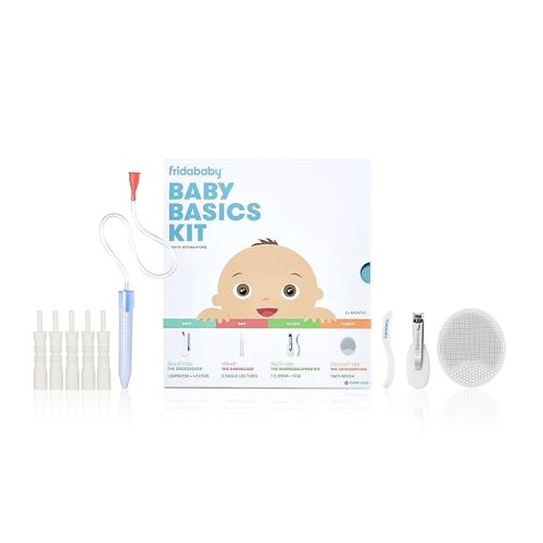 Frida Baby Basics Kit | Baby Essentials Kit Includes Nasal Aspirator Snotsucker, NailFrida Nail Files, Windi Gas Relief, DermaFrida Bath Brush + Silicone Carry Case