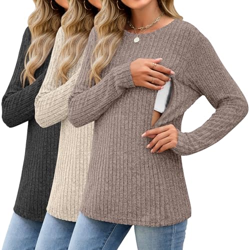 3 Pack Women's Nursing Tops Breastfeeding Shirts Long Sleeve Maternity Ribbed Sweaters with Hidden Zipper