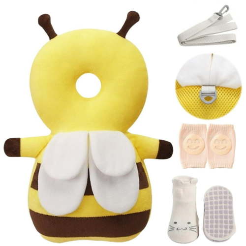 Baby Head Protector Backpack Wear, Toddlers Head Safety Pad with Baby Knee Pads and Anti-Slip Sock, Adjustable Baby Backpack Head Protection for Baby Walking Crawling (Cute Bumblebee A) c