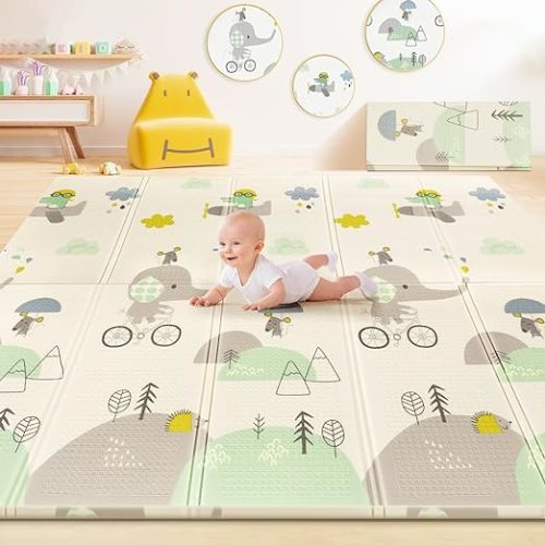 79/''x71/''x0.6/'' Extra Large Waterproof Foldable Baby Floor Play Mat, XPE Foam Playmat for Infants Babies from Newborns to Toddlers, Crawl Walk, Reversible & Portable Elephant Track Pattern