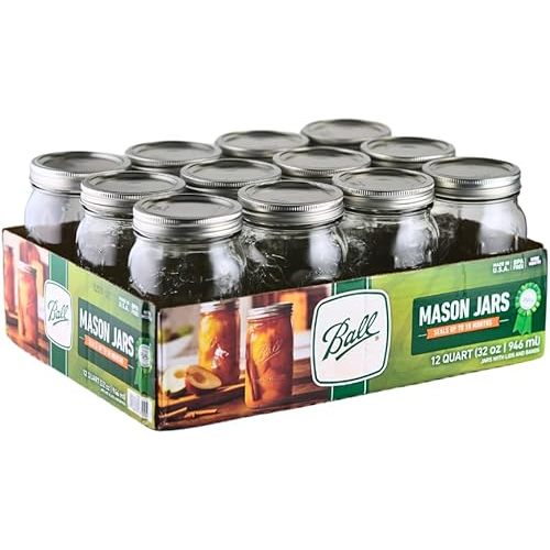 Ball - 32oz Wide Mouth Jars with Lids & Bands 12 Pack Jars, Large Glass Mason Jar for Food Storage with airtight Lid, 0.25 Gallon Glass Jar with Lid and Bands, Set of 12