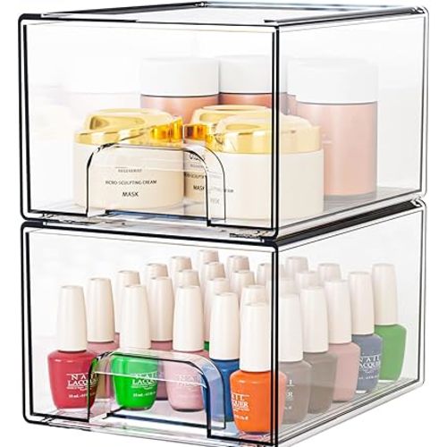 Yieach 2 Pack Stackable Storage Drawers,4.4" Tall Makeup Organizer Countertop,Clear Acrylic Storage Containers Bins for Baby Bottle,Medicine,Craft Pen or Vanity,Bathroom,Cabinet,Undersink Organization