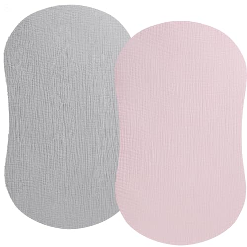 Muslin Bassinet Sheet Compatible with Halo Bassinest Swivel Flex Glide Premiere & Luxe Series Sleeper 2 Pack Cotton Stylish Boho Fitted Bassinet Sheets Super Soft for Baby Roman Grey & Pink
