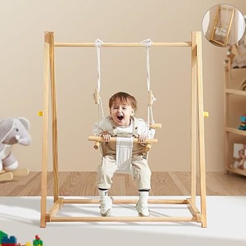 FUNLIO Montessori Wooden Swing Set for Toddlers 6-36 Months, Foldable Baby Swing Set with Durable Pine, Portable with 4 Sandbags &Extension Straps, Toddler Swing for Indoor/Outdoor/Backyard