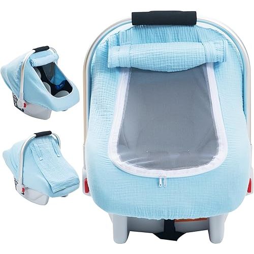 Muslin Baby Car Seat Cover, Infant Car Seat Cover with Mesh Screen Window, Carseat Cover for All Season, Breathable Carrier Canopy with Privacy Sun Shade, Baby Stroller Weather Shields (Blue)