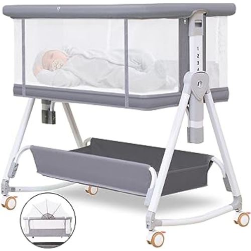 MEICHYUN Baby Bassinet Bedside Sleeper for Baby with Wheels and Storage Basket,All Mesh Portable Bedside Bassinet for Newborn,7 Height Adjustable Easy to Assemble Bedside Crib(3 in 1,Grey)