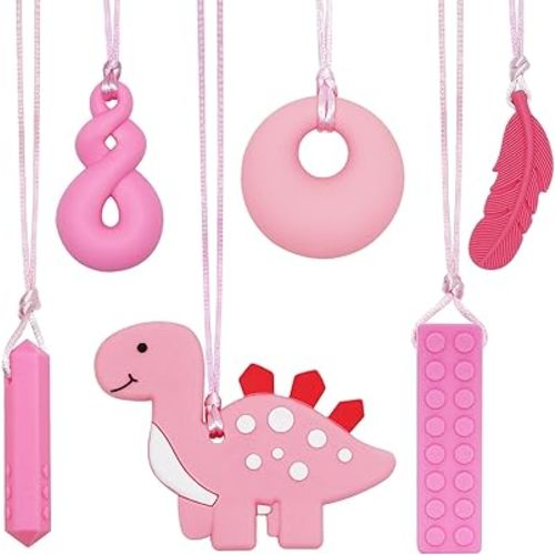 Chew Necklace for Sensory Kids Girls, 5 Pack Chewy Necklace Sensory Chew Toys for Autistic Children or Adults with ADHD, SPD, Anxiety, Silicone Pink Dinosaur Stim Toy - BPA Free