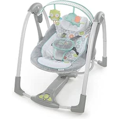 Ingenuity Swing 'n Go 5-Speed Baby Swing - Foldable, Portable, 2 Plush Toys & Sounds, 0-9 Months 6-20 lbs (Hugs & Hoots) - Hugs and Hoots