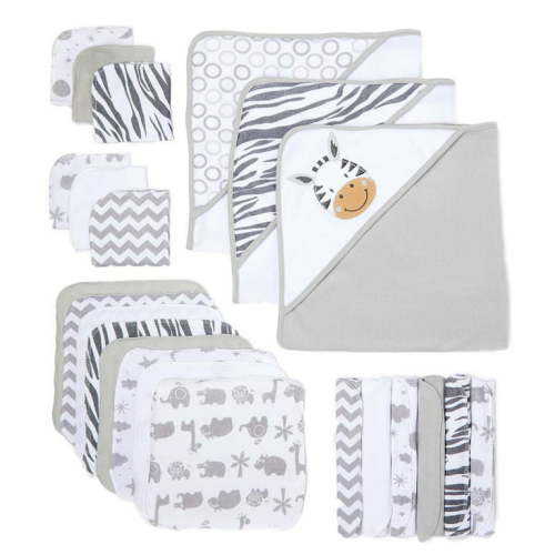 Spasilk Infant Soft Hooded Bath Towels & Washcloths Set, 23-Piece Baby Gift Set, White Zebra