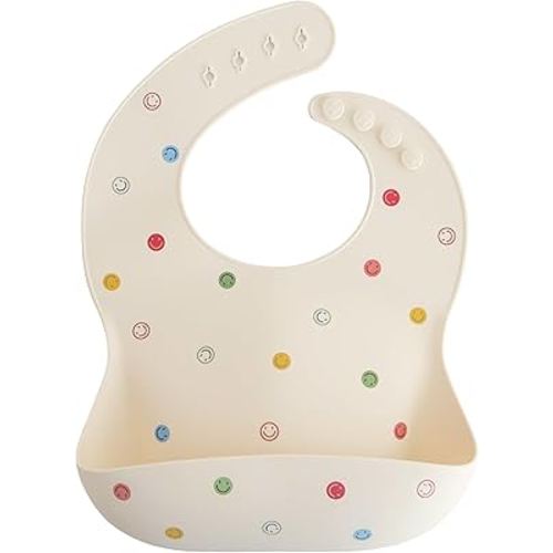mushie Silicone Baby Bib | Adjustable Fit Waterproof Bibs (Smiley Face)