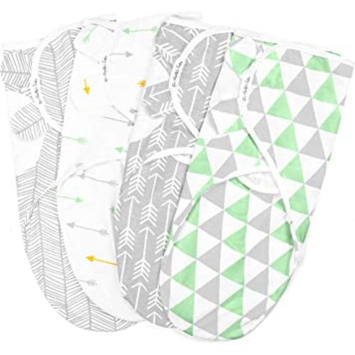 BaeBae Goods Swaddle Blanket, Adjustable Infant Baby Swaddling Wrap Set of 4, Baby Swaddling Wrap Blankets for Boys and Girls Made in Soft Cotton (0-3 Months, Green/Grey Triangles)