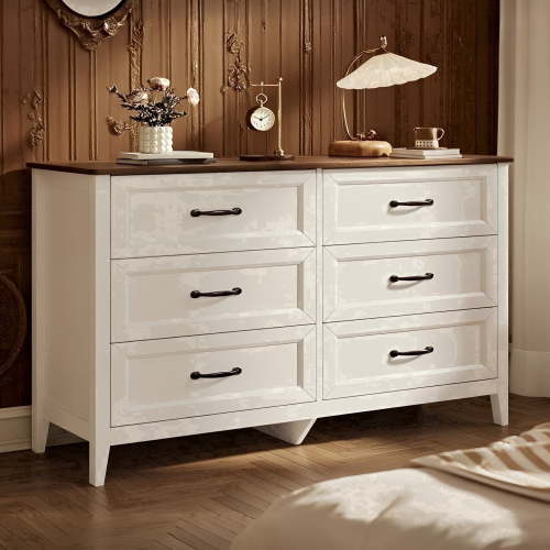 White Dresser, Lofka 6 Drawer Dresser for Bedroom, Chests of Drawers for Living Room, White+Rustic Brown
