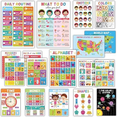 18 Educational Posters for Toddlers 1-3, Learning Posters for Kids Ages 3-5, ABC Poster Alphabet Poster for Preschoolers, Kindergarten Preschool Posters for Wall, Homeschool PreK Classroom Must Haves