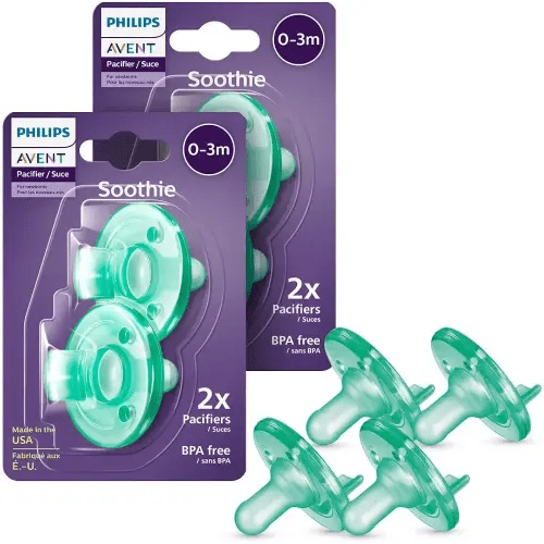 Philips Avent Soothie 0-3 Months Orthodontic Baby Pacifiers, 100% Silicone Pacifiers, One Piece, BPA-Free, Green, 4 Pack, Model SCF190/41