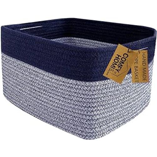 COMFY-HOMI Rectangular Cotton Rope Basket With Handles for Shelves|Dog Toy|Baby Gift - Dark Blue (13.5" x 11" x 9.5")