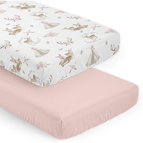 Sweet Jojo Designs Woodland Deer Floral Girl Baby Fitted Crib Sheet Set Infant Newborn Nursery Toddler Bed Room Standard Mattress 2p Pink Green Taupe Boho Bohemian Watercolor Forest Animal Shabby Chic