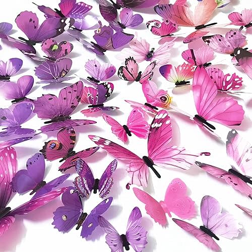 Ewong 72PCS Butterfly Wall Decals 3D Butterflies Wall Art Craft Decor Removable Mural Sticker Home Kid Girl Bedroom Bathroom Baby Room Nursery Classroom Office Party Decoration (Pink Purple)
