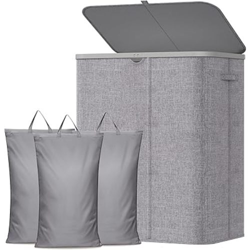 Lifewit 185L Large 3 Section Laundry Hamper with Lid, Plastic Laundry Basket with Bamboo Handles and Removable Bags, Tall Foldable Clothes Hamper for Bathroom Bedroom, Light Gray