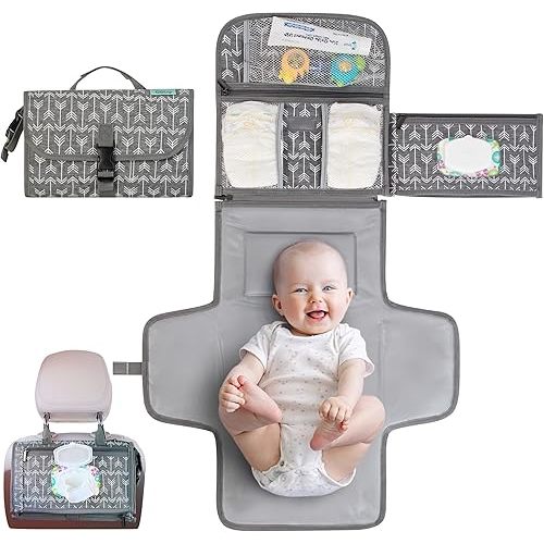 Kopi Baby Portable Diaper Changing Pad - Baby Changing Pad & Diaper Changer Travel Bag, Smart Design Baby Changing Mat, Portable Changing Pad for Baby - Baby Changing Station, Infant Gift - Grey Arrow