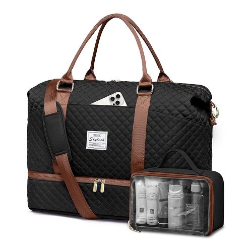 Travel Weekender Bags for Women Duffle - Carry on Overnight Bag with Shoe Compartment & Toiletry Gym Duffel Bags with Wet Pocket Hospital for Labor and Delivery Black Brown