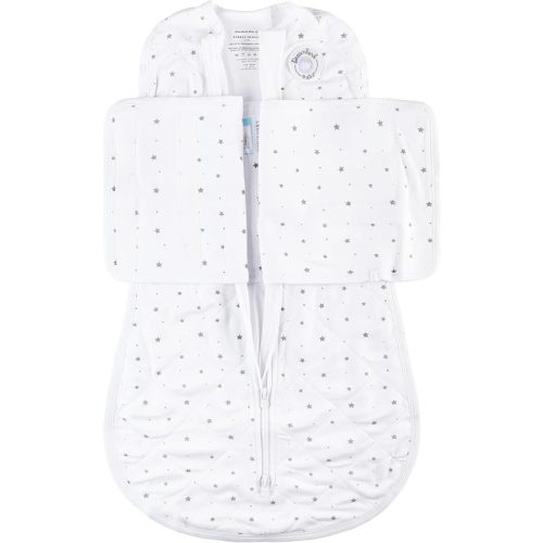 Dreamland Baby Viscose Swaddle Sleep Sack (0-6 Months). 1.0 TOG Ultra Soft Swaddle Blanket w/Built in Band. 97% Viscose, 3% Spandex (White with Grey Stars)