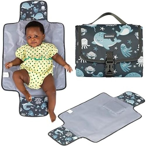BabbleRoo Baby Changing Pad - Comfortable Portable Changing Pad, Compact, Fits in Any Diaper Bag - Lightweight and Soft with Cute Designs, Convenient Pockets, Extra Head Support - Sea Animals