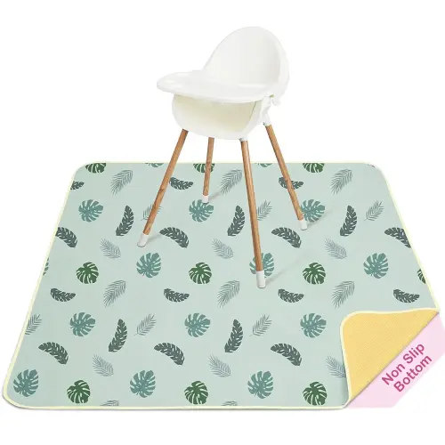Basumee Splat Mat High Chair Mat Waterproof Baby Play Splat Mat for Under High Chair Food Catcher Highchair Mat for Floor Non Slip Bottom, Blue Leaves