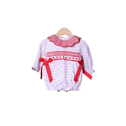 Smocked Heirloom Red and White Swiss Dot Bow Bubble