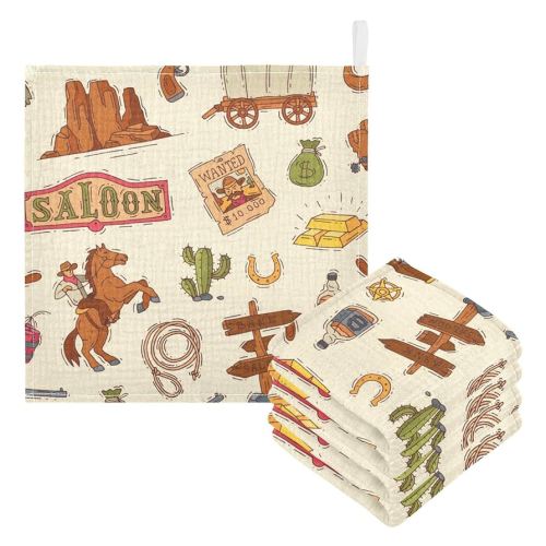 Cowboy Sheriff Baby Burp Cloths for Boys Girls, 3 Pack Wild West Western Baby Muslin Washcloths Newborn Face Bath Towel Soft Absorbent Cotton Wash Cloth Baby Registry, 12 x 12 Inch