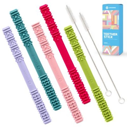Baby Hollow Teething Tubes - Soft Silicone Teether Toys | BPA Free Food Grade Silicone Cleaning Brush's Included, (Multicolor)