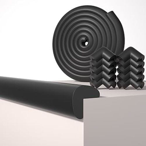 QYV Baby Proof Edge Corner Protector, 16.4FT 0.47''Th L-Shape Furniture Corner & Edge Safety Bumpers with 10 Corners, Pre-Taped, Soft NBR Rubber Foam Desk Edge Cushion Wall Corner Protector (Black)