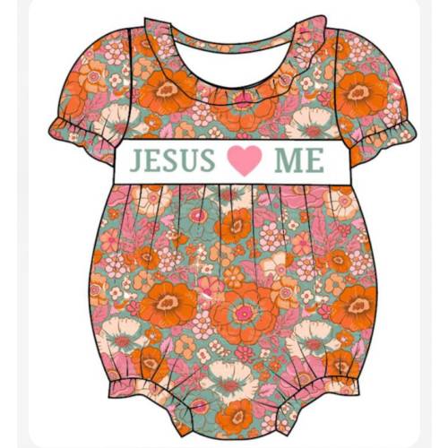 Jesus Loves Me Fall Smocked Embroidered Bubble Outfit