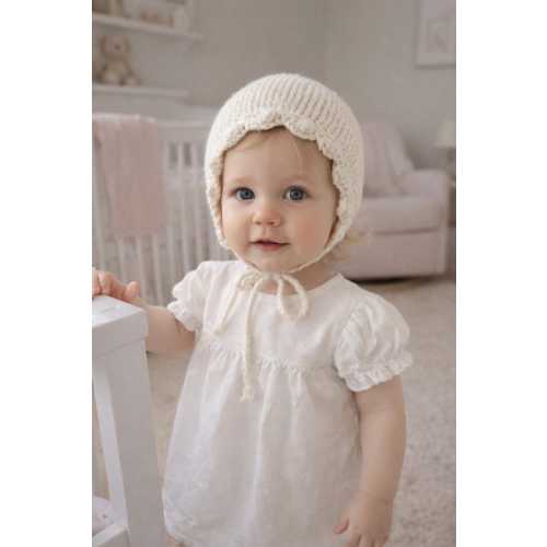 Hand Knit Baby Bonnet | Off White Cotton Blend, Crochet Trim