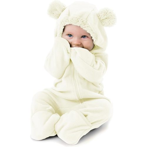 Fleece Baby Bunting Bodysuit – Infant One Piece Kids Hooded Romper Outerwear Toddler Jacket - 6-12 Months - Bear - White