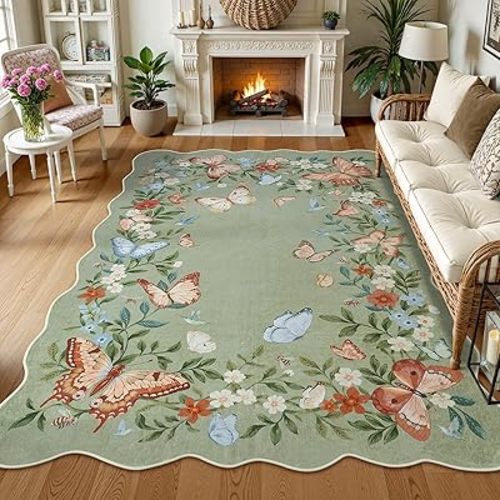 Anidaroel Butterfly Area Rugs 5x7, Washable Green Boho Rugs for Living Room Non-Slip Soft Rug for Bedroom Stain Resistant Lightweight Floral Rug Indoor Throw Carpet for Nursery Playroom