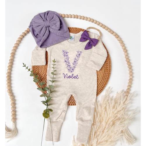 Embroidered Personalized Purple Romper, Girl Coming Home Outfit, Baby Romper Hat Set, Baby Shower Gift, Lavander Baby Romper, Floral Letter