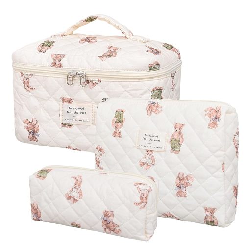 Quilted Makeup Bag,Large Cosmetics Bag Set,Cotton Coquette Floral Make up Pouch,Travel Toiletry Bag for Women