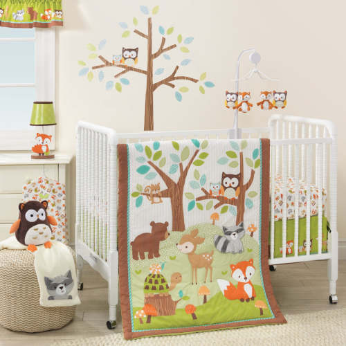 Friendly Forest White/Brown/Green Woodland Animals & Trees 3-Piece Nursery Baby Crib Bedding Set– Lambs & Ivy