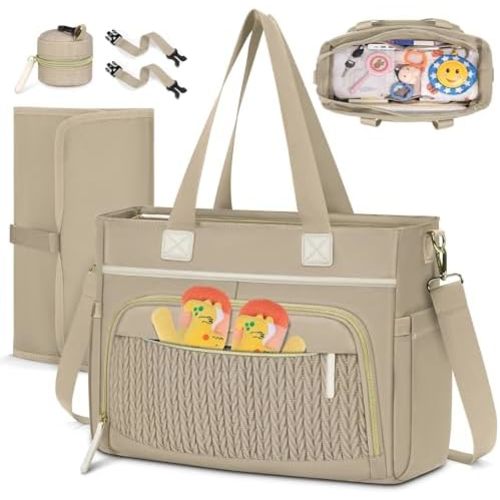 RAINSMORE Diaper Bag Tote, Large Diaper Bag Waterproof Baby Bag Multifunctional Diaper Tote with Pacifier Case & Changing Pad