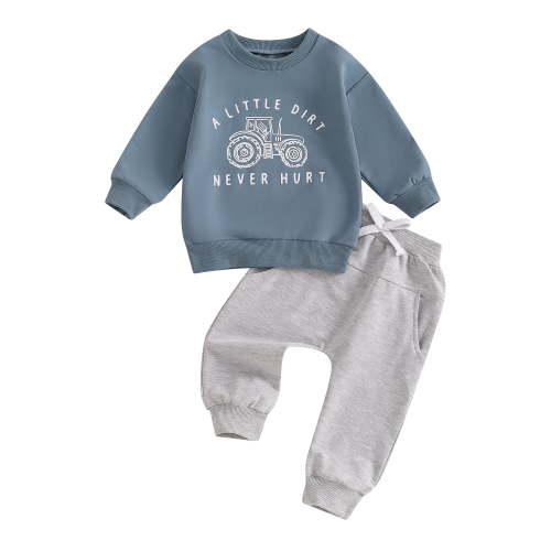 Baby Toddler Boy Fall Outfits 6 12 18 24 Months 2T 3T 4T Long Sleeve Tractor Letter Print Tops + Pants Set Warm Clothing