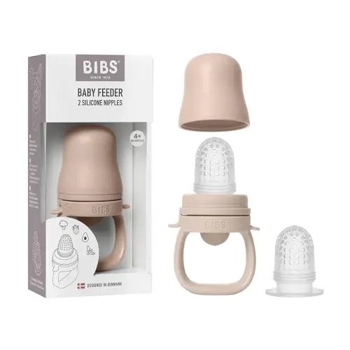 BIBS Baby Feeder with 2 Silicone Nipples, Compatible with Freezer Tray, Easy-Grip, BPA-Free - Ideal for Teething & Self-Feeding, 4+ Months - Blush