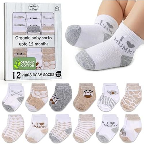 Mother's Choice Baby Socks 0-6 Months 12 Pairs Organic Cotton Blend Newborn Socks for Boys Stay-On Stretch Infant Socks OEKO-TEX Certified Baby Gift